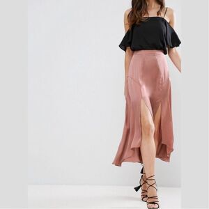 ASOS Rose Pink Satin Midi Skirt with Dual Slit Details Size 4